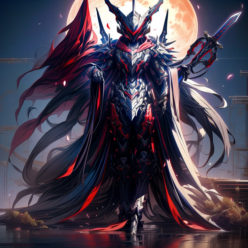 Anime characters wearing a red cloak and sword before the full moon, Badass anime 8 K, high quality warframe fanart, exquisite warframe fanart, Anime epic artwork, Anime art wallpaper 4 K, Anime art wallpaper 4k, anime mecha aesthetic, Onmyoji detailed art, detailed warframe fanart, High quality digital concept art, Dragon Knight, Red armor, (solo)