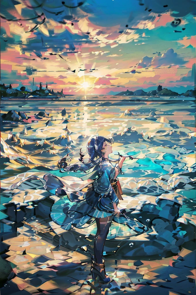 masterpiece, detailed, (((Girl Slime))), the girl is made of water and mucus, Blue Slime, , Against the backdrop of the ocean, sunset, Bright sun, bright colors, Contrast, lilac hair, big eyes, blue slime dress, rain, Sad Girl, emphasis on rain, Palma, beachный sunset, beach, glow around the girl, silhouette, сильный rain, Oriental fantasy, elegant glamorous, (Geometric pattern:1.4), modernism, and minimalism, city with many details,