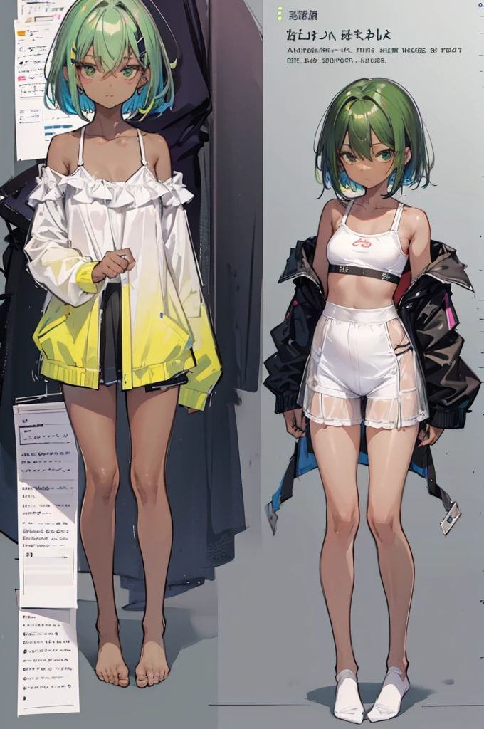 multiple views, pencil sketch, (sketch:1.25), (,small breasts,), ((no shoes)), shy, best quality, graphite \\(medium\\), ske, gradient, rainbow, note, Line draft, highres, absurdres, (ultra-detailed:1.1), (illustration:1.1), (infographic:1.2), pajamas, (all clothes configuration:1.15), (solo), perfectly drawn hands, standing, cohesive background, paper, action, (character design:1.1), beltbra, corin, 1girl, ((dark skin)), short hair, green hair, bandaid on leg,