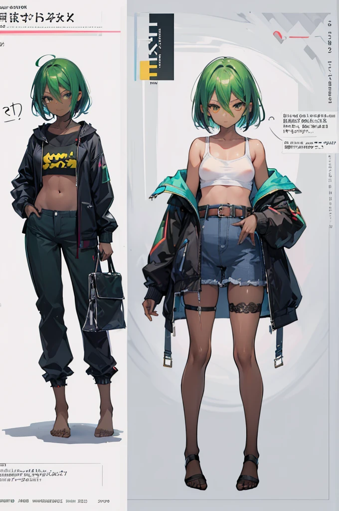 multiple views, pencil sketch, (sketch:1.25), (little girl,small breasts,), ((no shoes)), shy, best quality, graphite \\(medium\\), ske, gradient, rainbow, note, Line draft, highres, absurdres, (ultra-detailed:1.1), (illustration:1.1), (infographic:1.2), pajamas, (all clothes configuration:1.15), (solo), perfectly drawn hands, standing, cohesive background, paper, action, (character design:1.1), beltbra, corin, 1girl, ((dark skin)), short hair, green hair, bandaid on leg,