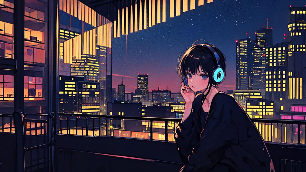 Black short Hair, Black Clothing, One Adult Woman Looking Sideways ,Blue headphones、 City of night, Delicate background、Masterpiece、Night Town、night、dark、Nostalgic、Country Road、
