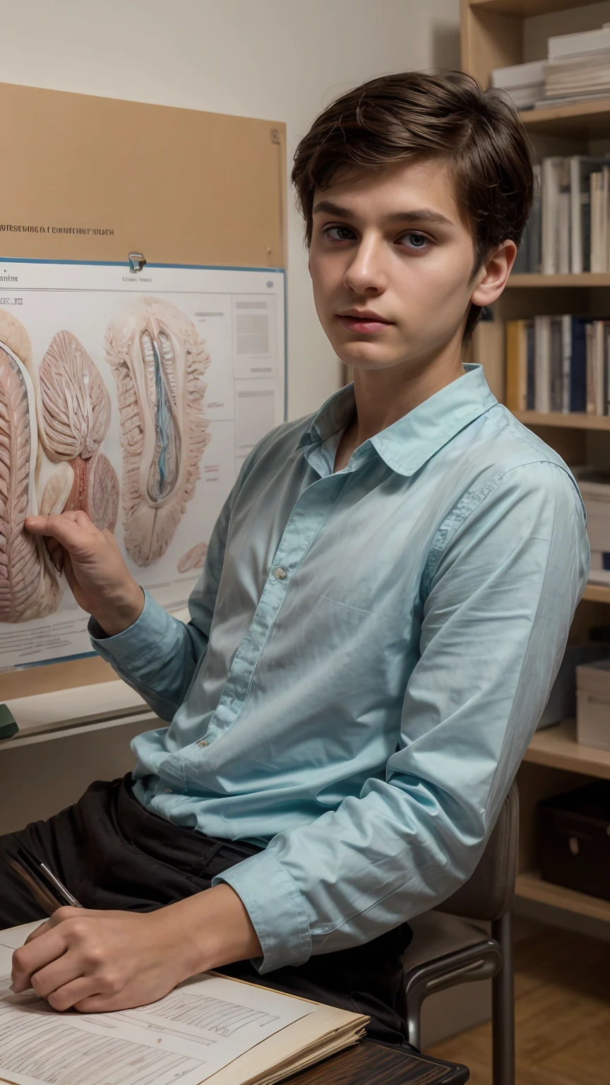 A young male twink, cute, beautiful, soft, with a beautiful face with make-up and blush, and black hair, and his eyes have dark circles under them. He is wearing a long-sleeved aquamarine shirt and white jeans. He is in the Faculty of Medicine, studying on the blackboard with brain anatomy written on it, and on his desk are scientific medical books. And manuscripts of brain anatomy
