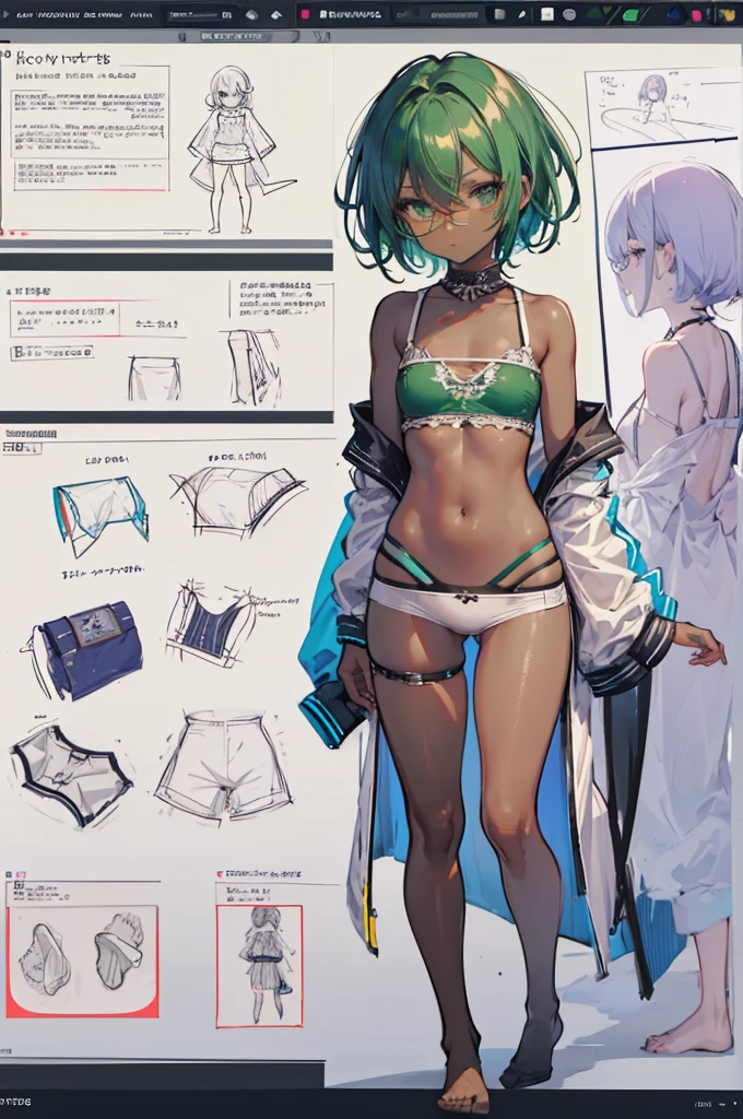 multiple views, pencil sketch, (sketch:1.25), (little girl,small ???????,), ((no shoes)), shy, best quality, graphite \\(medium\\), ske, gradient, rainbow, note, Line draft, highres, absurdres, (ultra-detailed:1.1), (illustration:1.1), (infographic:1.2), pajamas, (all clothes configuration:1.15), (solo), perfectly drawn hands, standing, cohesive background, paper, action, (character design:1.1), beltbra, corin, 1girl, ((dark skin)), short hair, green hair, bandaid on leg,