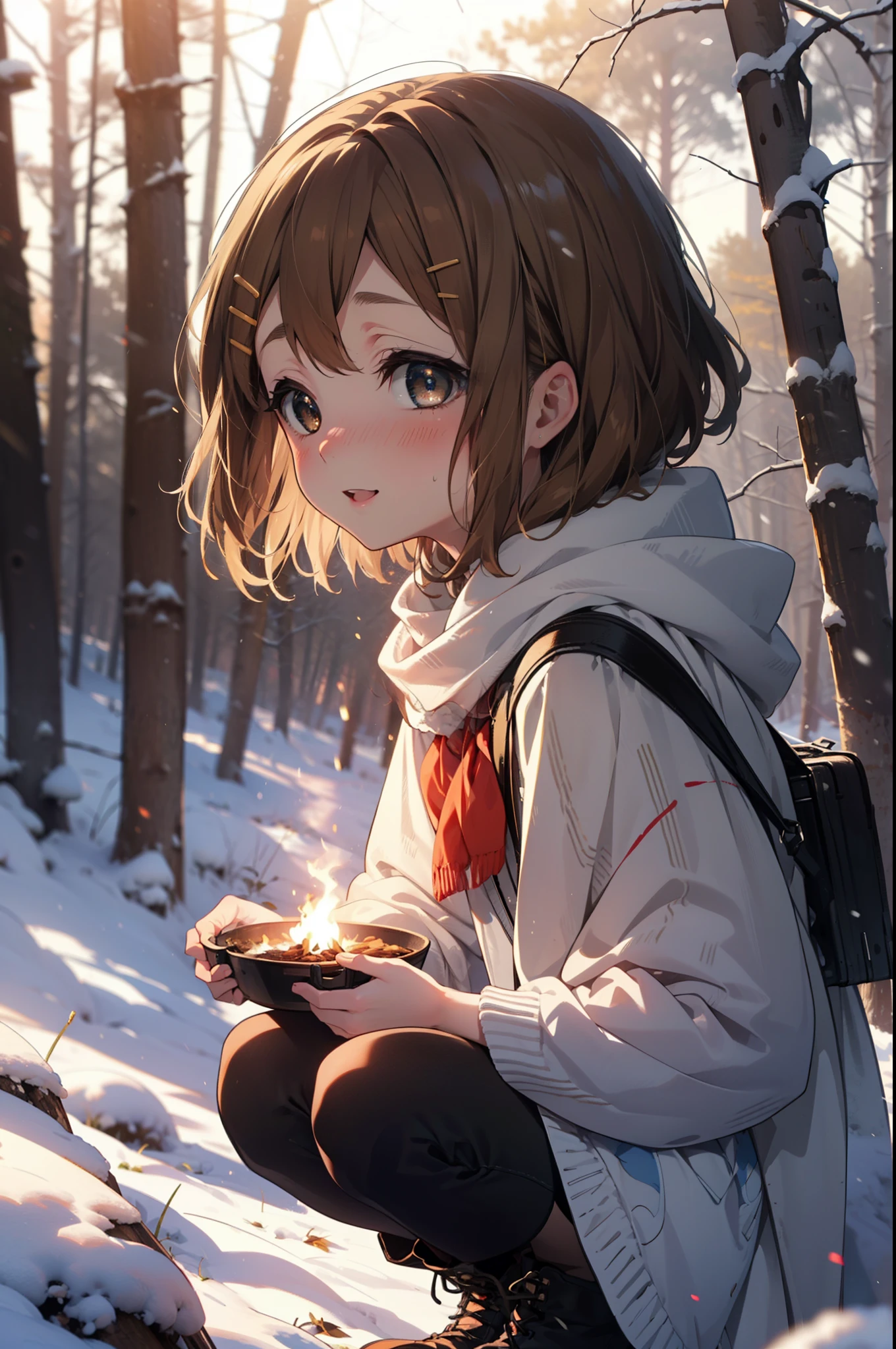 yuihirasawa, Yui Hirasawa, short hair, Brown Hair, hair ornaments, (Brown eyes:1.5), Hair Clip、smile,smile,blush,White Breath,
Open your mouth,snow,Ground bonfire,, Outdoor, boots, snowing, From the side, wood, suitcase, Cape, Blurred, , forest, White handbag, nature, Squat, Mouth closed, Cape, winter, Written boundary depth, Black shoes, red Cape break looking at viewer, Upper Body, whole body, break Outdoor, forest, nature, break (masterpiece:1.2), Highest quality, High resolution, unity 8k wallpaper, (shape:0.8), (Beautiful and beautiful eyes:1.6), Highly detailed face, Perfect lighting, Extremely detailed CG, (Perfect hands, Perfect Anatomy),