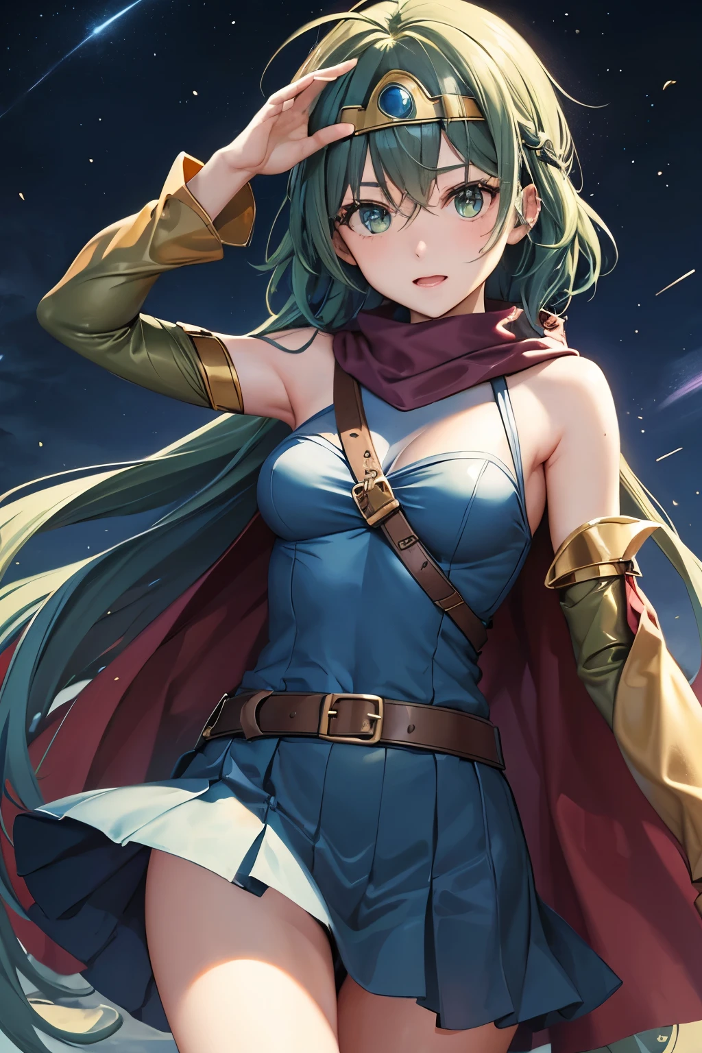 （（（Highest quality、first-clasasterpiece、Normal body、、Detailed face、Ultra-precision、Normal hand、Normal finger、５Finger、Highest）））、beautiful girl、Green Hair、Small breasts、Shortcuts、Blue leotard、Shoulder Off、Black paleo skirt、Red cloak、Circlet、sword of the sky、DRAGON QUEST、Female Hero、 combat、Combat Ready、Lightning Slash、incantation、Gigadein