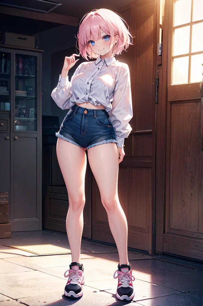Detail image, realistic image, 1 girl. She has very short hair that has a single long strand on the right side, her hair is light pink. She has blue eyes. She wears a long sleeve shirt with garters. Denim mini shorts, ,  with lace. sneakers. Smiling. She has big tits, small waist, wide hips, thick legs. Full body view. Ambient light. Volumetric light,
