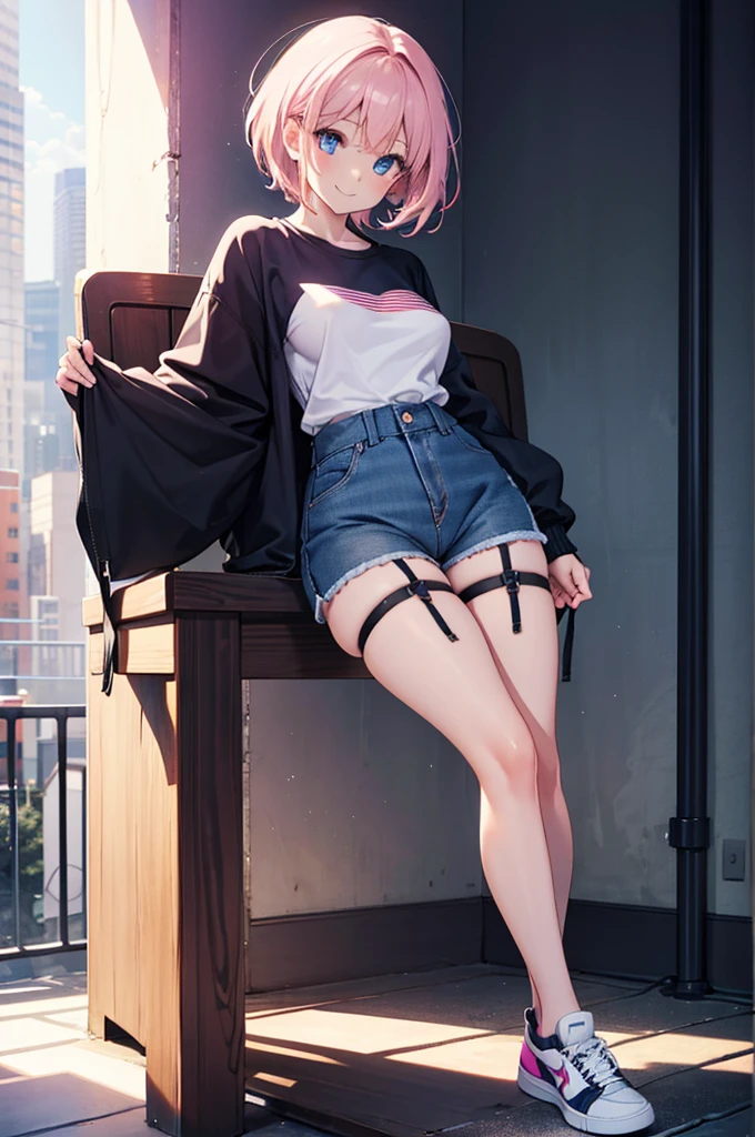 Detail image, realistic image, 1 girl. She has very short hair that has a single long strand on the right side, her hair is light pink. She has blue eyes. She wears a long sleeve shirt with garters. Denim mini shorts, cameltoe, thong with lace. sneakers. Smiling. She has big tits, small waist, wide hips, thick legs. Full body view. Ambient light. Volumetric light,