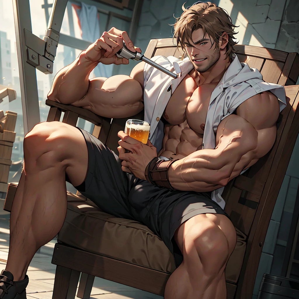 8k , masterpiece,  solo man , 1 man only , detailed face, detailed body parts, detailed fingers,  detailed muscles,  detailed background,  chris hemsworth as thor relaxing on a chair with  ,showing muscles and bulge  smiling , satisfied from his victory,  wearing his hero outfit , near him his hammer , drinking a glass of beer 
