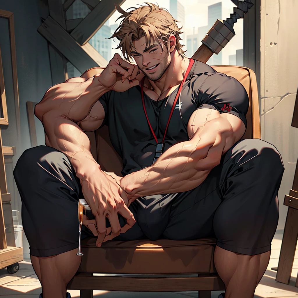 8k , masterpiece, solo man , 1 man only , detailed face, detailed body parts, detailed fingers, detailed muscles, detailed background, chris hemsworth as thor relaxing on a chair with spreadlegs ,showing muscles and bulge smiling , satisfied from his victory, wearing his hero outfit , near him his hammer , drinking a glass of beer