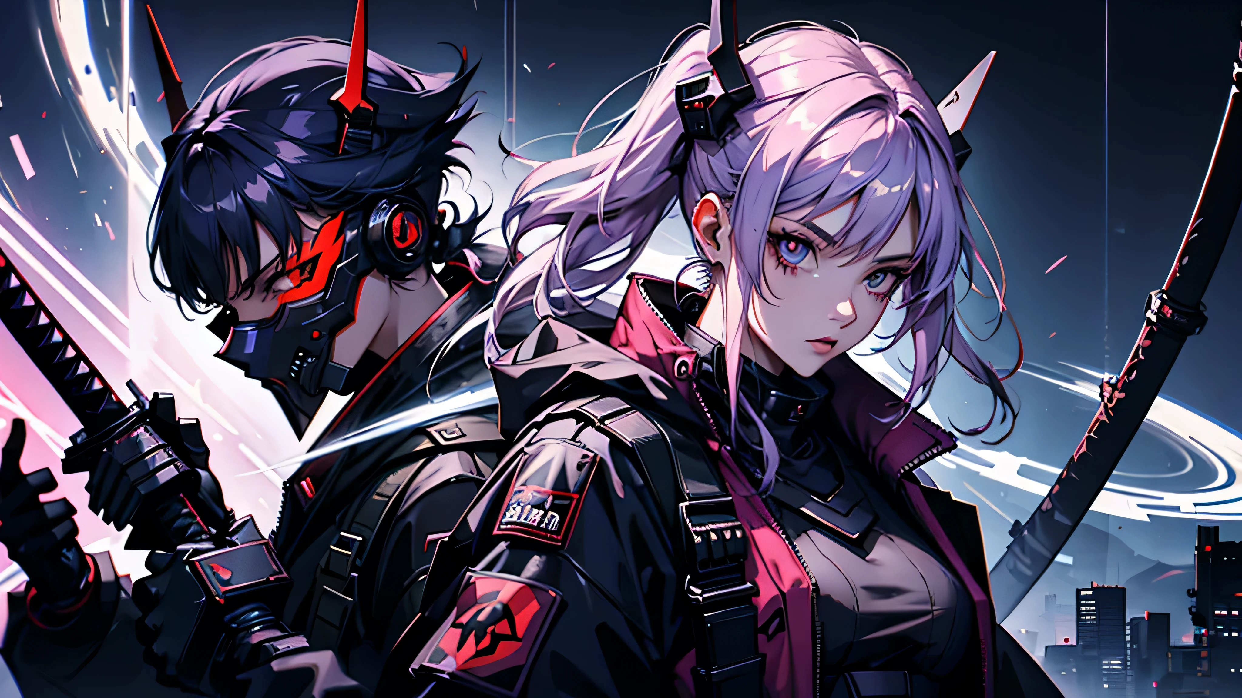 cyber punk, young woman armed with a katana, with demon mask