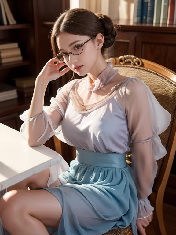 (Realistic、High resolution:1.3),alone, One Girl, masterpiece, highest quality, Very detailed, Cinema Lighting, Intricate details, High resolution, Official Art, Beautifully detailed face and eyes, High resolutionのイラスト, 8k, (Short bun hairstyle), Ash Brown Hair:1.3, Very thin body, ((Chiffon long skirt、Chiffon blouse:1.3)) 、Single Blade, blue eyes, Glasses, Crossing your legs, Sit on a chair, patterned high heels,Upper Body, Big Breasts, Book_stack, library, ((vine)), Looking at the audience