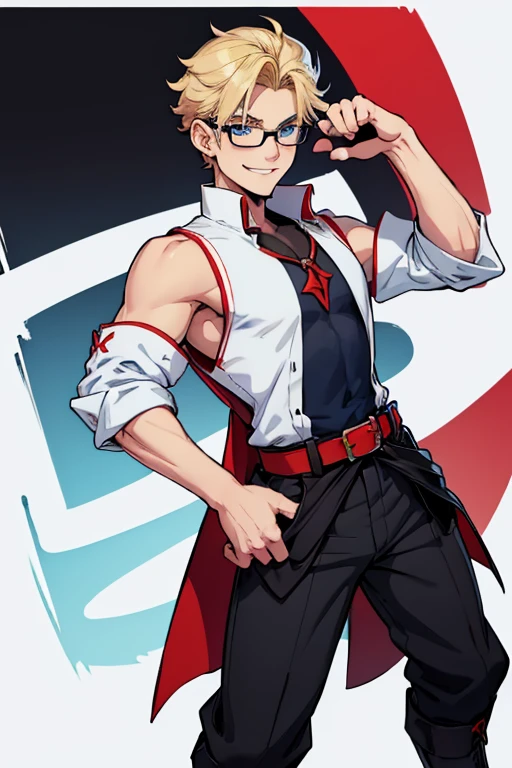 male, blue eyes, blonde hair, (((1boy))), (((red sleeveless tunic))), (white shirt with sleeves rolled up), (black pants), (black boots), (black belt), (glasses), (black fingerless gloves), long legs, trimmed goatee, slender, smiling