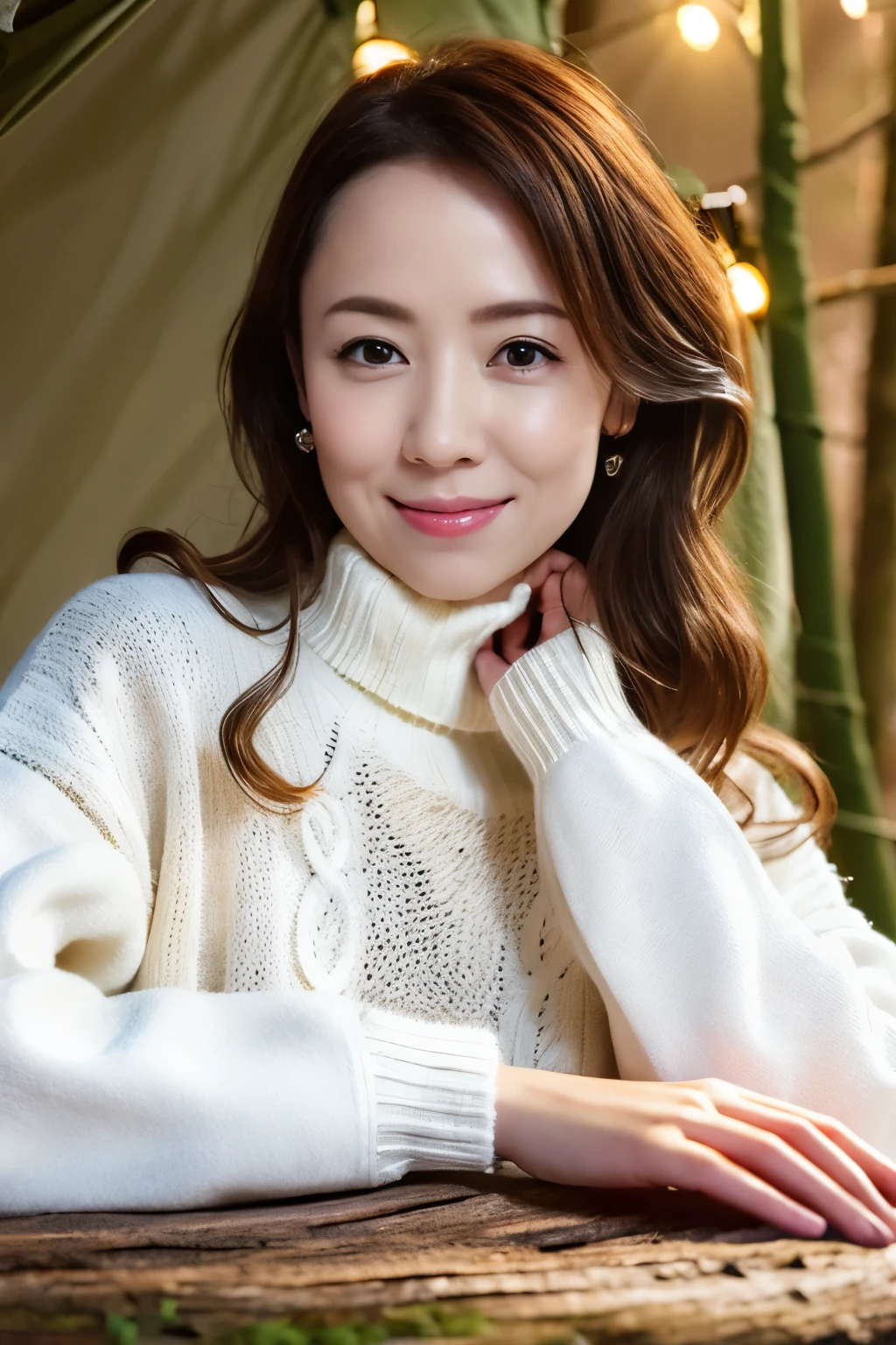 1girl in, (Wearing a white coat:1.2), (Raw photo, Best Quality), (Realistic, Photorealsitic:1.4), master piece, close up,Extremely delicate and beautiful, Extremely detailed, 2k wallpaper, amazing,((white sweater)) ,finely detail, the Extremely Detailed CG Unity 8K Wallpapers, Ultra-detailed, hight resolution, Soft light, Beautiful detailed girl, extremely detailed eye and face, beautiful detailed nose, Beautiful detailed eyes, Cinematic lighting, Winter Night View, illuminations, Perfect Anatomy, Slender body, ((soft smiling)),((winter, in forest, woods)), snowfall,(( sitting st a camping table )),