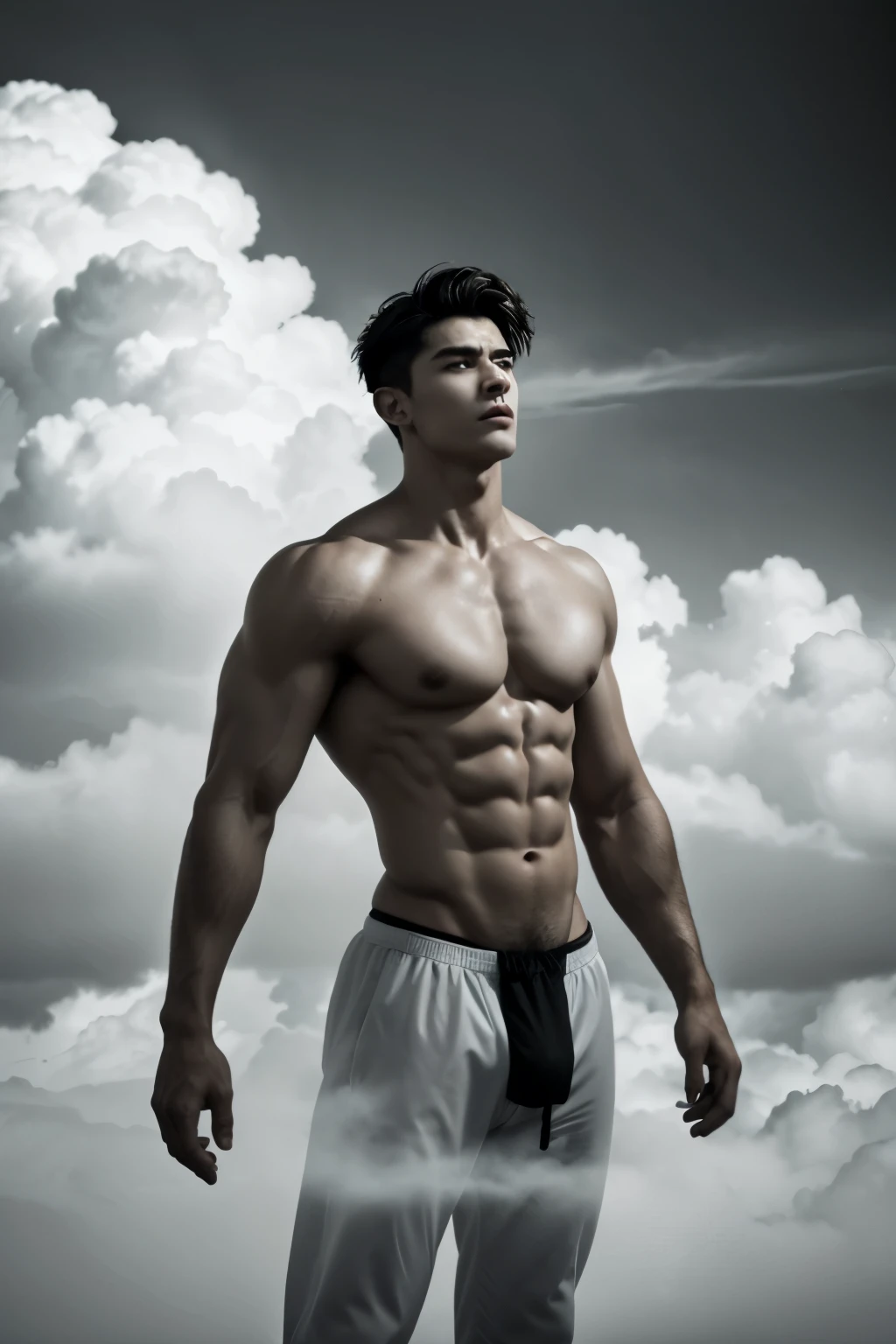 Amidst a surreal cloudscape, a muscular, shirtless man stands with an intense gaze, his chiseled physique partially enveloped by ethereal, billowing white clouds. The contrast between his strong, defined features and the soft, dreamlike mist creates a striking visual, evoking a sense of otherworldly strength and serenity