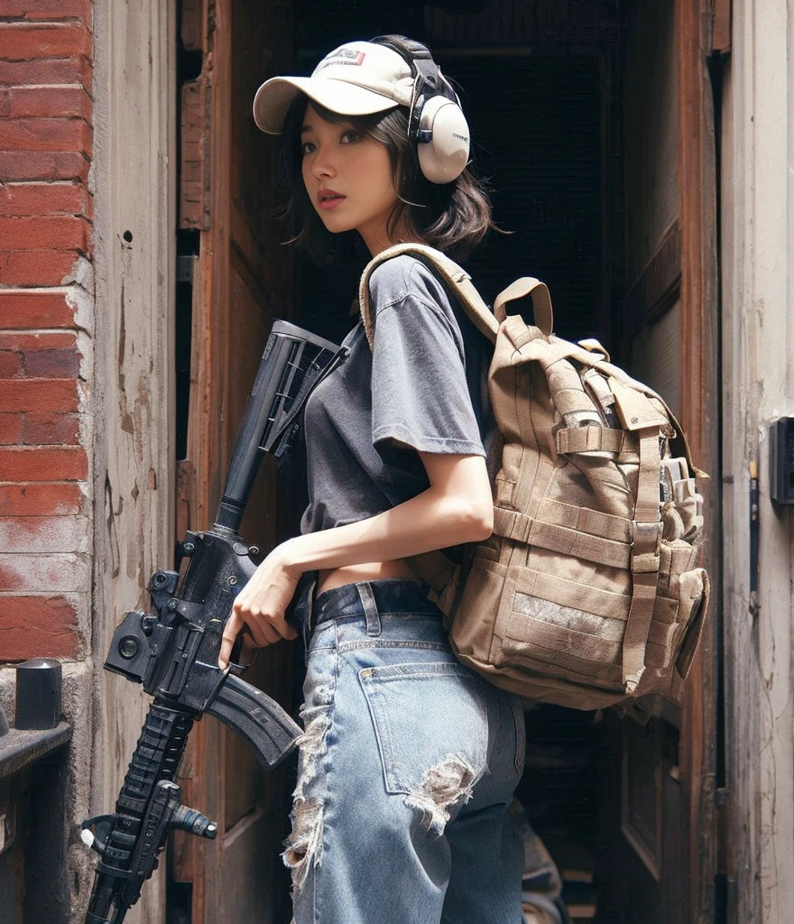 8K,Realistic Photo、Realistic Skin Texture、Superrealism、Japanese woman living in America、Operation、In a mid-sized American city、Old brick building、mortar、Loose Fit T-Shirt、Shoulder bag、Denim pants、Dirty sneakers、Hunting rifles、Dirty alley、Baseball Cap