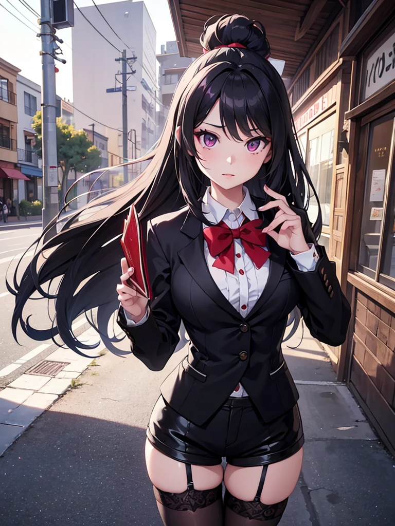 a young japanese woman, 1 girl, beautiful detailed eyes, beautiful detailed lips, extremely detailed face, long hair, slim, 25 years old, wearing sunglasses on her head, black jacket, white button-up shirt, purple gloves, shorts, thigh highs, garter belt, detailed clothing, masterpiece, photorealistic, 8K, cinematic lighting, vibrant colors, elegant, fashion portraitAraffe dressed as a snow White with a red bow and a red bow, Beautiful vampire queen, 臉紅 realistic role play, 《Adventure Treasure》Marceline, anime girl role play, 4K HD snow White hair, Beautiful vampire queen, snow White as a d &D Fighter, snow White, anime role play, role play, Vampire Camilla, Has long black hair, on the street,Torn clothes,big breasts big areolamasterpiece, best quality, high quality, Very detailed CG uniform 8K wallpaper, blossoming landscape, dry place，such as an empty desert, dearest, cunning, mono lake, common tree, 3D digital painting, Award-winning photography, bokeh, Depth of Field, HDR, bloom, Chromatic Aberration, Reality, Very detailed, Popular on artstation, Popular on CGsociety, Wheels within wheels, High Detail, Dramatic, midjourney&#39;s Artwork 1Girl, (dakota:1.0), blue eyes, Pixie Short Hair, blush, Human Resources Bikini (Large Breasts:1.0), (Large areola:1), , (Pure face_v1:0.5) Increase height Clothes got wet