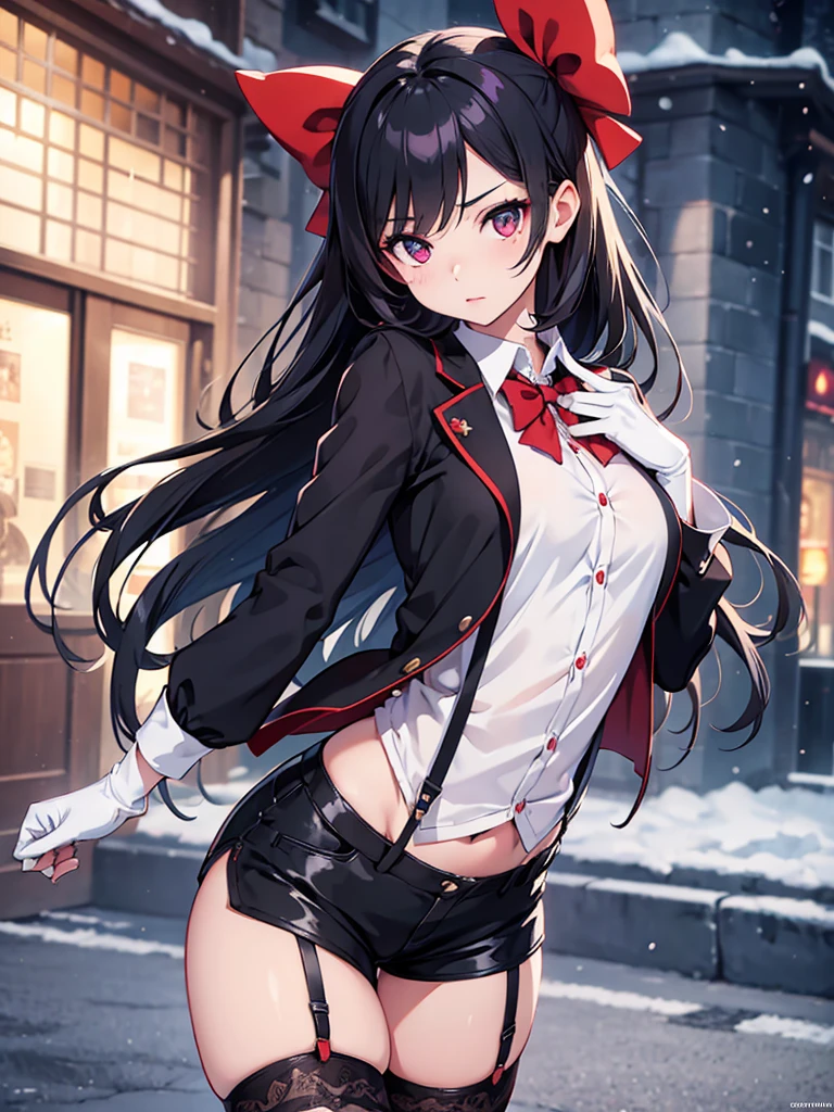 a young japanese woman, 1 girl, beautiful detailed eyes, beautiful detailed lips, extremely detailed face, long hair, slim, 25 years old, wearing sunglasses on her head, black jacket, white button-up shirt, purple gloves, shorts, thigh highs, garter belt, detailed clothing, masterpiece, photorealistic, 8K, cinematic lighting, vibrant colors, elegant, fashion portraitAraffe dressed as a snow White with a red bow and a red bow, Beautiful vampire queen, 臉紅 realistic role play, 《Adventure Treasure》Marceline, anime girl role play, 4K HD snow White hair, Beautiful vampire queen, snow White as a d &D Fighter, snow White, anime role play, role play, Vampire Camilla, Has long black hair, on the street,Torn clothes,big breasts big areolamasterpiece, best quality, high quality, Very detailed CG uniform 8K wallpaper, blossoming landscape, dry place,such as an empty desert, dearest, cunning, mono lake, common tree, 3D digital painting, Award-winning photography, bokeh, Depth of Field, HDR, bloom, Chromatic Aberration, Reality, Very detailed, Popular on artstation, Popular on CGsociety, Wheels within wheels, High Detail, Dramatic, midjourney's Artwork 1Girl, (dakota:1.0), blue eyes, Pixie Short Hair, blush, Human Resources Bikini (Large Breasts:1.0), (Large areola:1), , (Pure face_v1:0.5) Increase height Clothes got wet