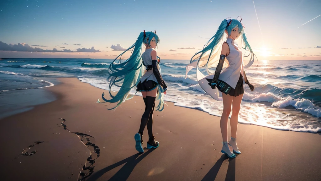 On the beach where the sun sets、An image of Hatsune Miku walking with her clear blue hair flowing。She is dressed in futuristic clothing.、Sing freely、Laughing。In the background、Big waves crashing and the starry sky spreading out、The moonlight illuminates her footprints in the sand。Please express how dreams and hopes spread across the sky on the wind.。