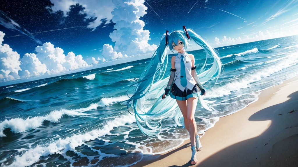 On the beach where the sun sets、An image of Hatsune Miku walking with her clear blue hair flowing。She is dressed in futuristic clothing.、Sing freely、Laughing。In the background、Big waves crashing and the starry sky spreading out、The moonlight illuminates her footprints in the sand。Please express how dreams and hopes spread across the sky on the wind.。