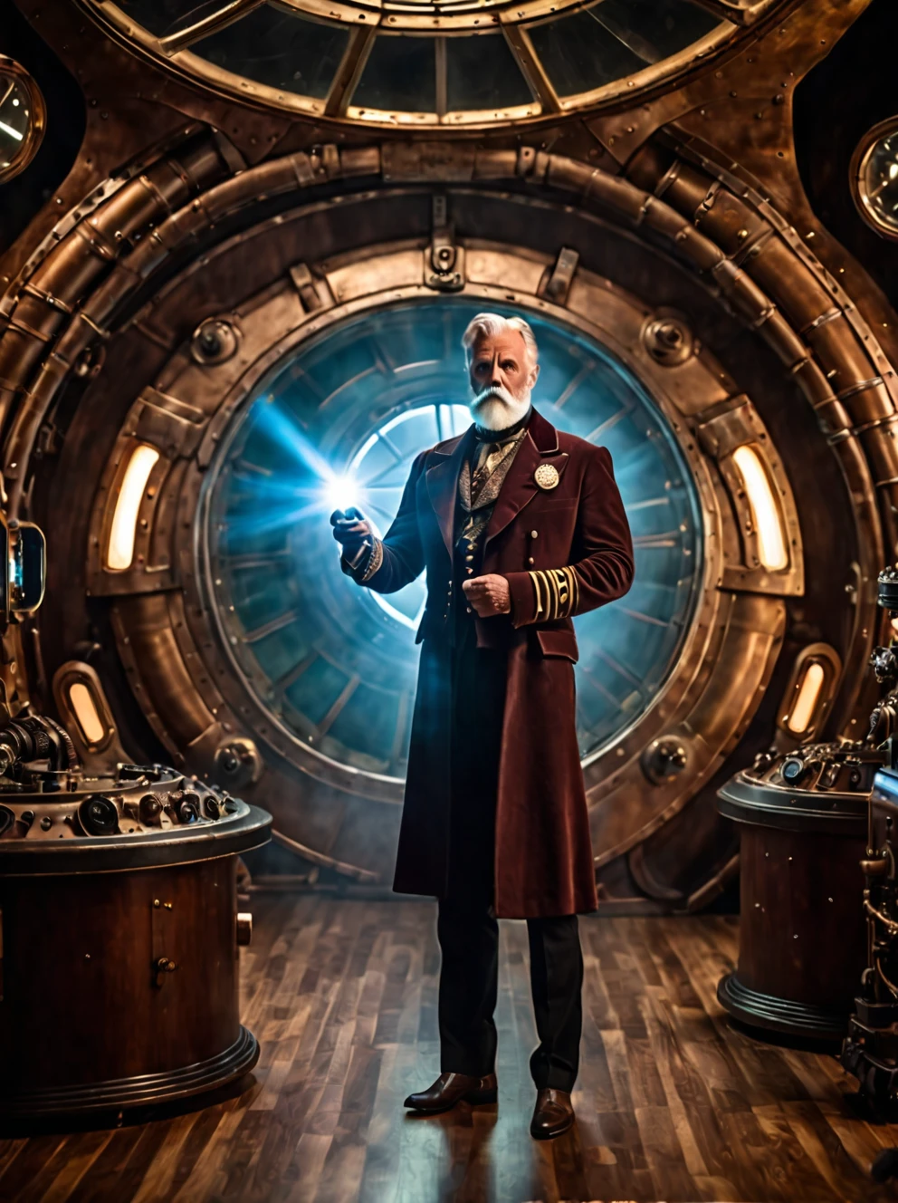 photo focus on male focus, indoors, realistic scenery, (captain nemo:1.1), retro-futuristic, testing a laser , ray, beam, steampunk nautilus-style. very wide shot, character photo portrait, film, professional, 4k