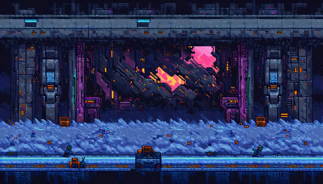 metroidvania, robot, close-up, cyberpunk, sidescroller, (work of art, best qualityer:1.2), pixel art,terrestrial space, futuristic snow scenery