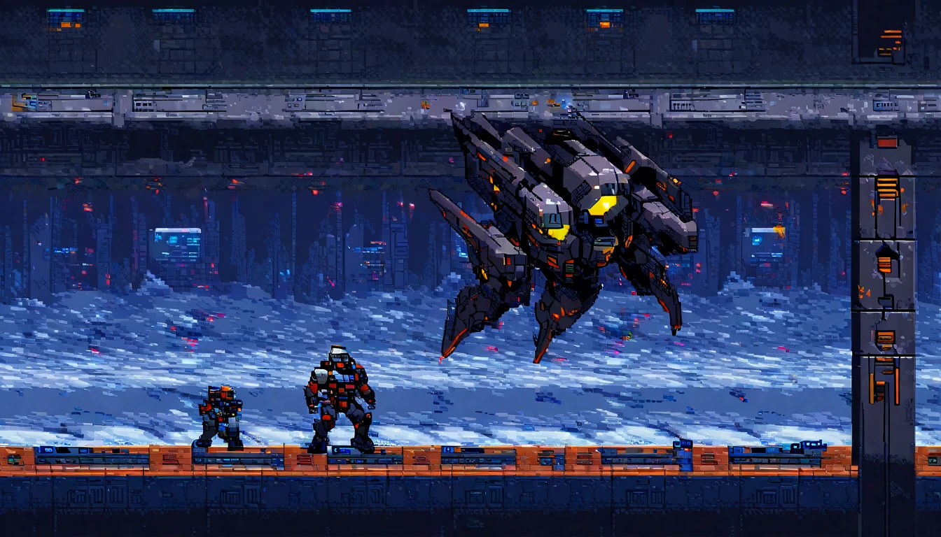 metroidvania, robot, close-up, cyberpunk, sidescroller, (work of art, best qualityer:1.2), pixel art,terrestrial space, futuristic snow scenery