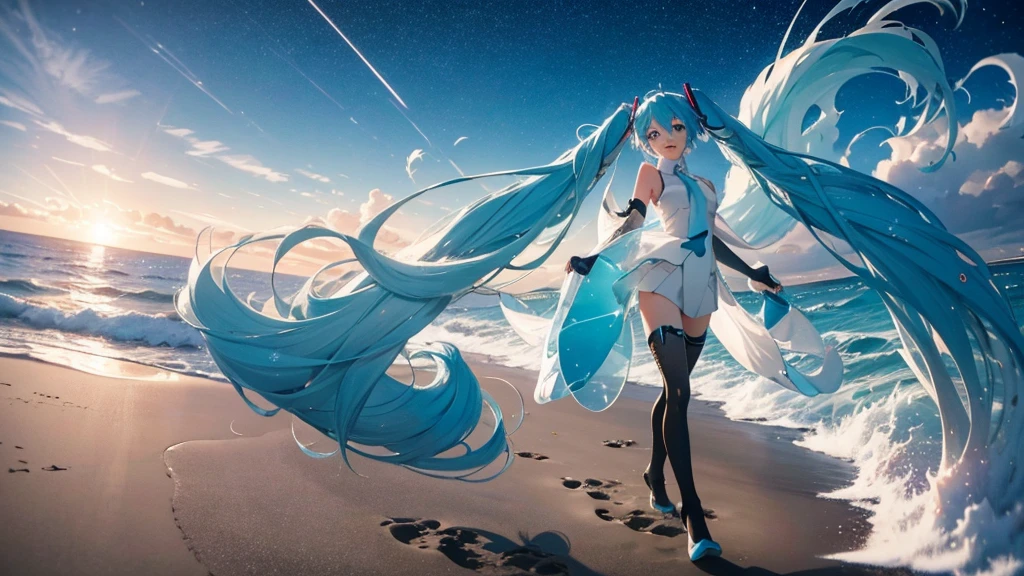 On the beach where the sun sets、An image of Hatsune Miku walking with her clear blue hair flowing。She is dressed in futuristic clothing.、Sing freely、Laughing。In the background、Big waves crashing and the starry sky spreading out、The moonlight illuminates her footprints in the sand。Please express how dreams and hopes spread across the sky on the wind.。