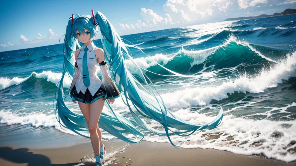 On the beach where the sun sets、An image of Hatsune Miku walking with her clear blue hair flowing。She is dressed in futuristic clothing.、Sing freely、Laughing。In the background、Big waves crashing and the starry sky spreading out、The moonlight illuminates her footprints in the sand。Please express how dreams and hopes spread across the sky on the wind.。