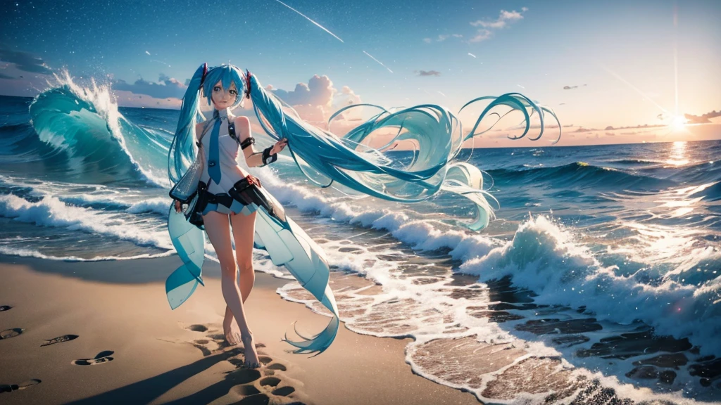 On the beach where the sun sets、An image of Hatsune Miku walking with her clear blue hair flowing。She is dressed in futuristic clothing.、Sing freely、Laughing。In the background、Big waves crashing and the starry sky spreading out、The moonlight illuminates her footprints in the sand。Please express how dreams and hopes spread across the sky on the wind.。