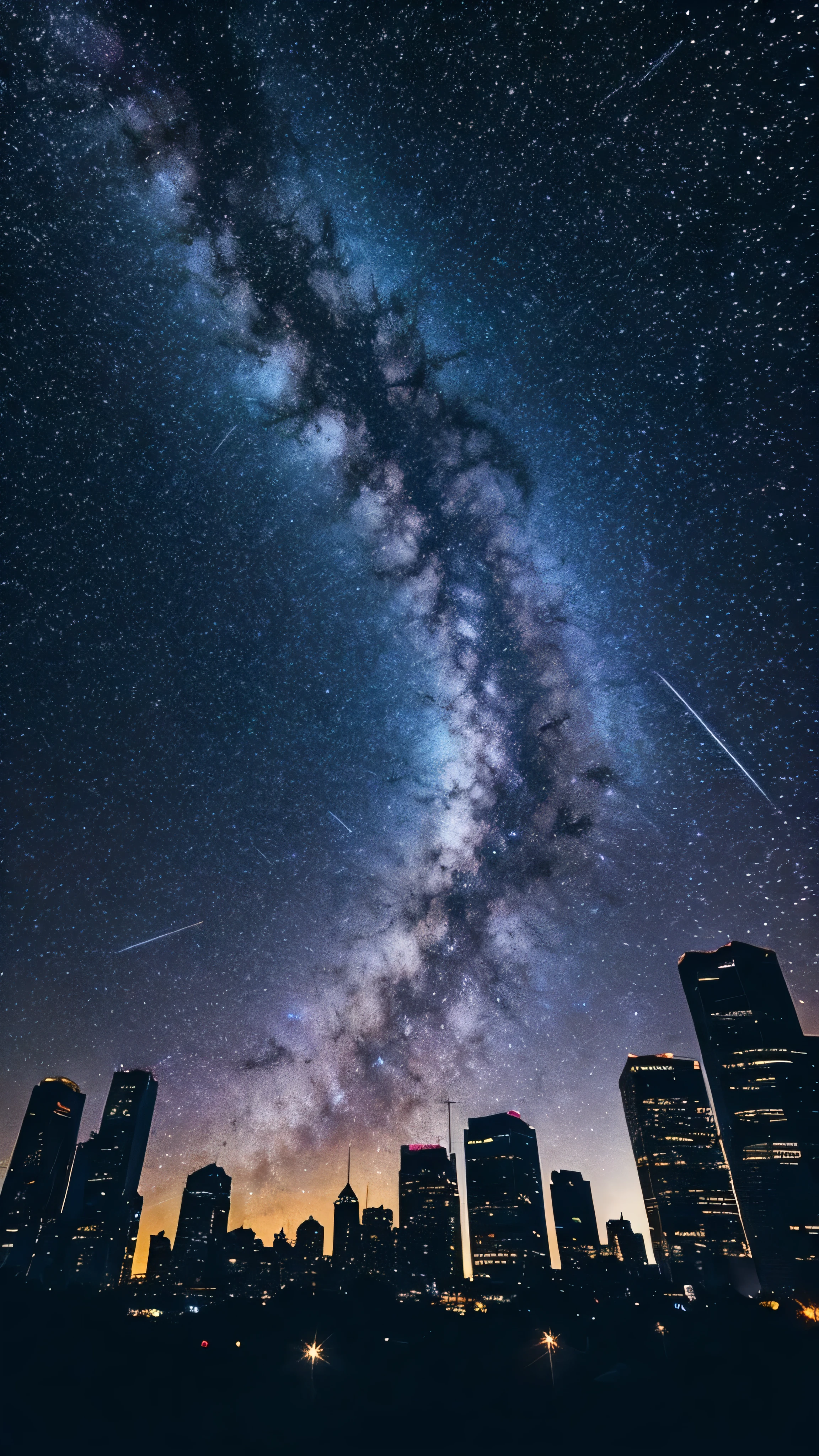 Starry sky with constellations, Purple hue like a nebula, Vast space, Cyberpunk City at the Bottom,  