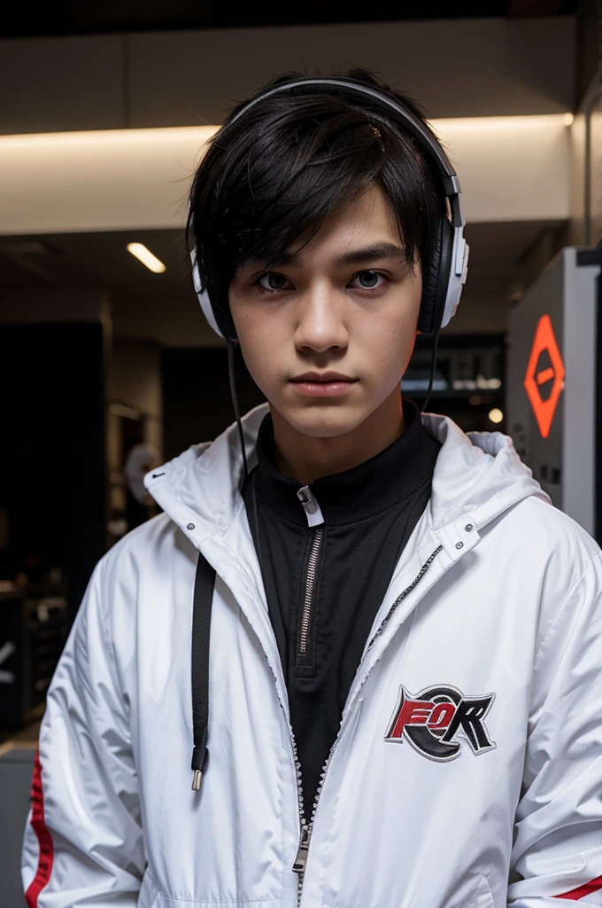 1boy, wearing white jacket, red eyes, black hair, gamer, serious, high quality, e sports, headset
