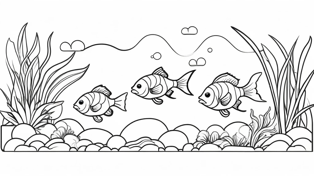 a group of fish in aquascape scenery, coloring page for kids, happy, smiling, vector art, minimalistic, vector 2d, black lines white background, coloring page for beginners, vector illustration, pencil strokes, no color, drawing for coloring, white background, pixar style, black and white