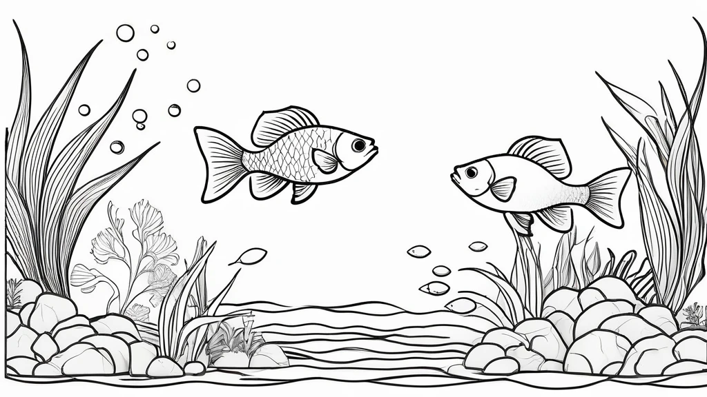 a group of fish in aquascape scenery, coloring page for kids, happy, smiling, vector art, minimalistic, vector 2d, black lines white background, coloring page for beginners, vector illustration, pencil strokes, no color, drawing for coloring, white background, pixar style, black and white