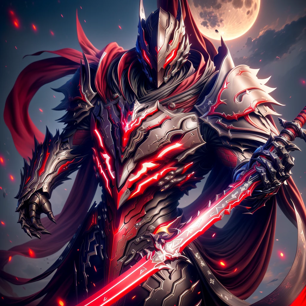 Anime characters wearing a red cloak and sword before the full moon, Badass anime 8 K, high quality warframe fanart, exquisite warframe fanart, Anime epic artwork, Anime art wallpaper 4 K, Anime art wallpaper 4k, anime mecha aesthetic, Onmyoji detailed art, detailed warframe fanart, High quality digital concept art, Dragon Knight, Red armor, (solo)