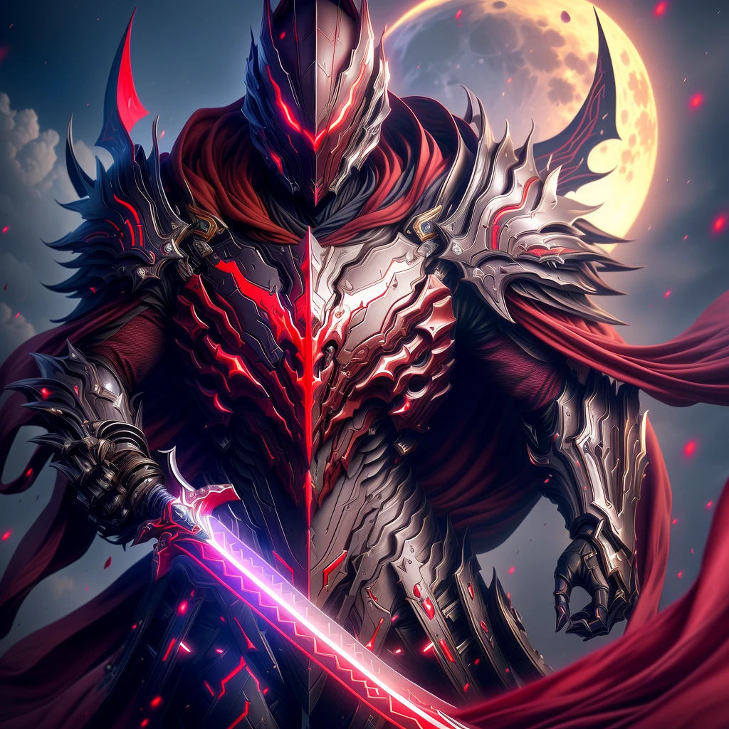 Anime characters wearing a red cloak and sword before the full moon, Badass anime 8 K, high quality warframe fanart, exquisite warframe fanart, Anime epic artwork, Anime art wallpaper 4 K, Anime art wallpaper 4k, anime mecha aesthetic, Onmyoji detailed art, detailed warframe fanart, High quality digital concept art, Dragon Knight, Red armor, (solo)