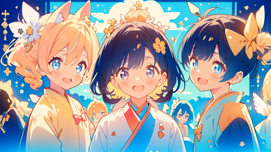 最高masterpiece、Official Art、depth of field,Dynamic composition、masterpiece,Detailed face、Detailed eyes、Close-up、Two girls and two boys and two girls and two boys on stage), Idol, Big eyes, cutetech, cute, cute, Pasterka (Ra, Highest quality, Happy, Deep Background, Symmetric, Tilt your head, summer