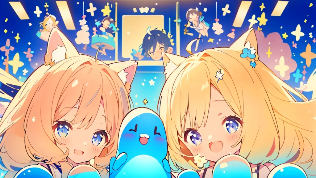 最高masterpiece、Official Art、depth of field,Dynamic composition、masterpiece,Detailed face、Detailed eyes、Close-up、Two girls and two boys and two girls and two boys on stage), Idol, Big eyes, cutetech, cute, cute, Pasterka (Ra, Highest quality, Happy, Deep Background, Symmetric, Tilt your head, summer