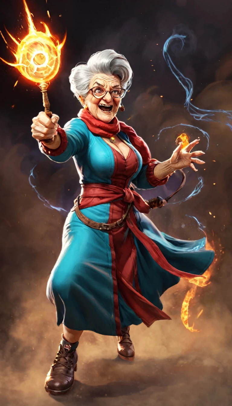 Fighting game style granny, Talk to your audience, Spitfire, Spellcasting . Dynamic, Energetic, Dynamic, Detailed character design, Reminiscent of fighting games