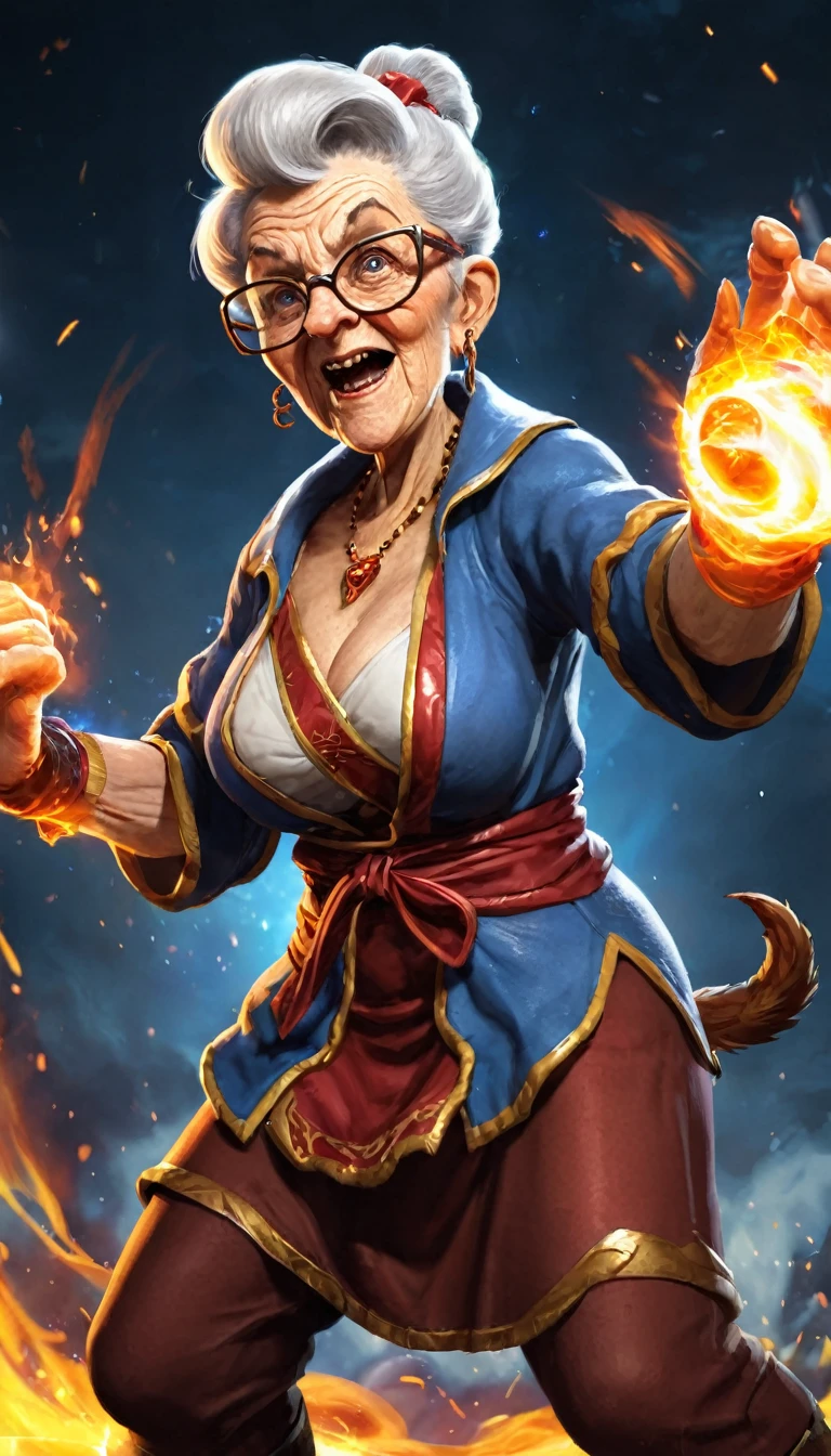 Fighting game style granny, Talk to your audience, Spitfire, Spellcasting . Dynamic, Energetic, Dynamic, Detailed character design, Reminiscent of fighting games