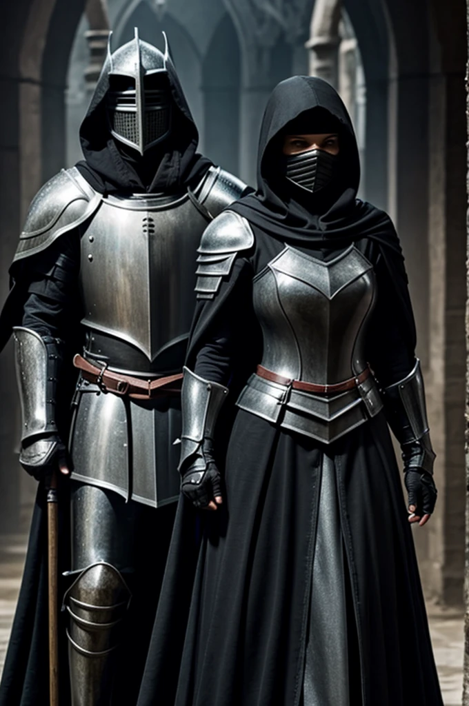 A female knight with a black hood and a black knight&#39;s helmet. She also has not too big black armor and she has a sword behind her back.. The background is with trees but rather gray saturation.