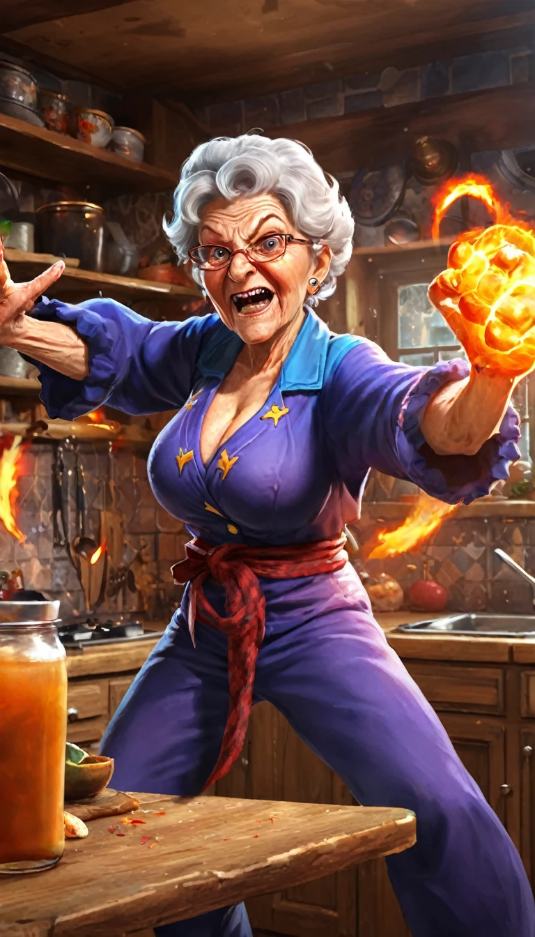 Fighting game style granny, Talk to your audience, Spitfire, Spellcasting . Dynamic, Energetic, Dynamic, Detailed character design, Reminiscent of fighting games，The background is the kitchen