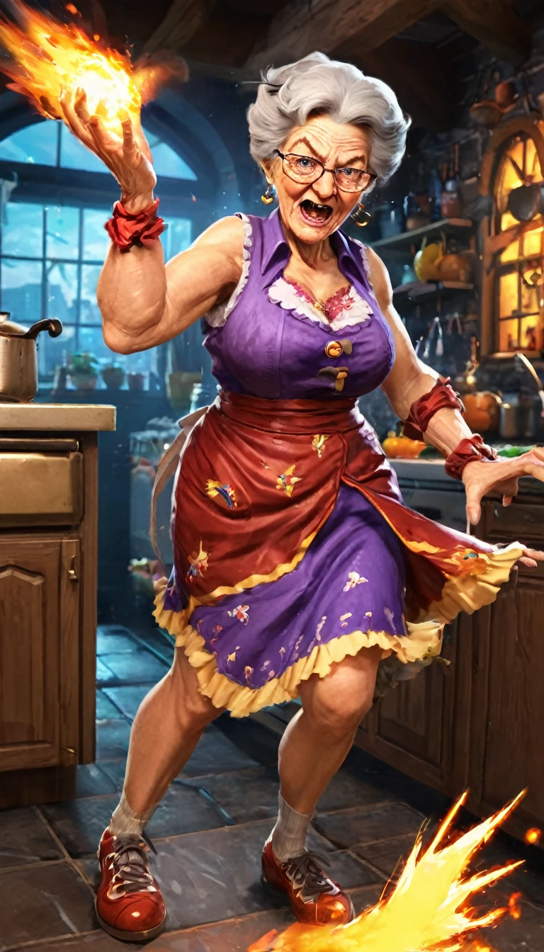 Fighting game style granny, Talk to your audience, Spitfire, Spellcasting . Dynamic, Energetic, Dynamic, Detailed character design, Reminiscent of fighting games,The background is the kitchen