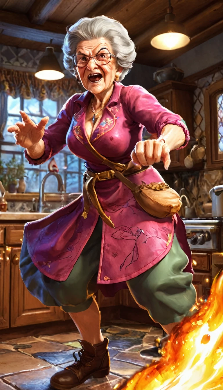 Fighting game style granny, Talk to your audience, Spitfire, Spellcasting . Dynamic, Energetic, Dynamic, Detailed character design, Reminiscent of fighting games,The background is the kitchen