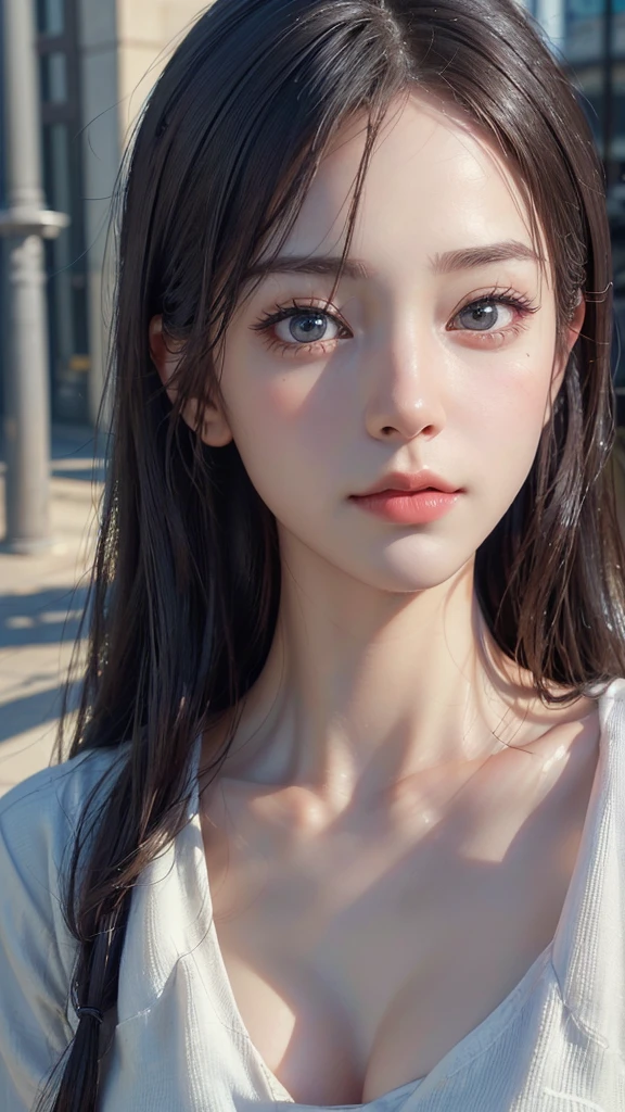 (Realistic, photo-Realistic:1.37),(8K, RAW Photos, Highest quality, masterpiece:1.2), cute,4K、masterpiece、((Focus on the face))、((Symmetrical facial features))、Eyes with detailed description、Beautiful woman、Excellent style、(thin)、Facial detailing,office Street