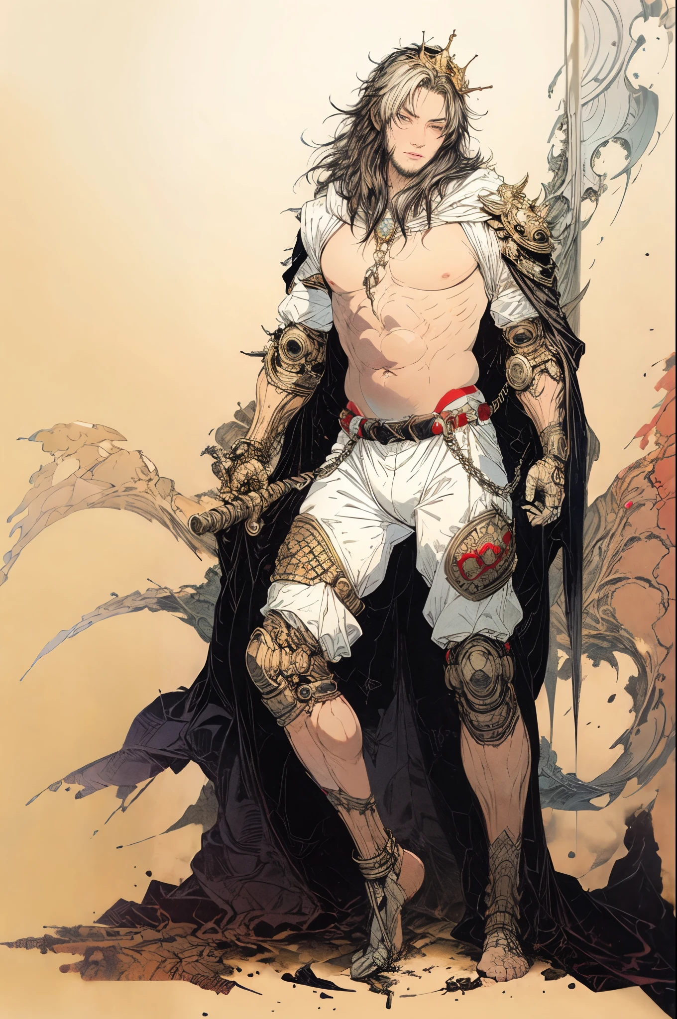 best quality,masterpiece,Ultra-high resolution,1 person,looking at the audience,one,Yamamoto Takashi style,
simple background,White_background,Machinery Division，Exoskeleton，，Sexy，Cold-blooded handsome bearded man，tough guy style，tattoo，Perfect proportion, anatomically correct, (from head to foot: 2.0), (Full body image: 2.0), alone, extremely stylized, abnormal art, masterpiece, Very detailed, delicate eyes, expressive delicate eyes, Detailed student, Futuristic, ((Wearing a crown)), ((holding scimitar and shield)), (Cybernetic weapons:1.4), big boot, Full body image, full-body shot, tassel, Large beads, (Big tassel), cyberpunk, ink punk, paint tray, Ink splatter, chain mail
