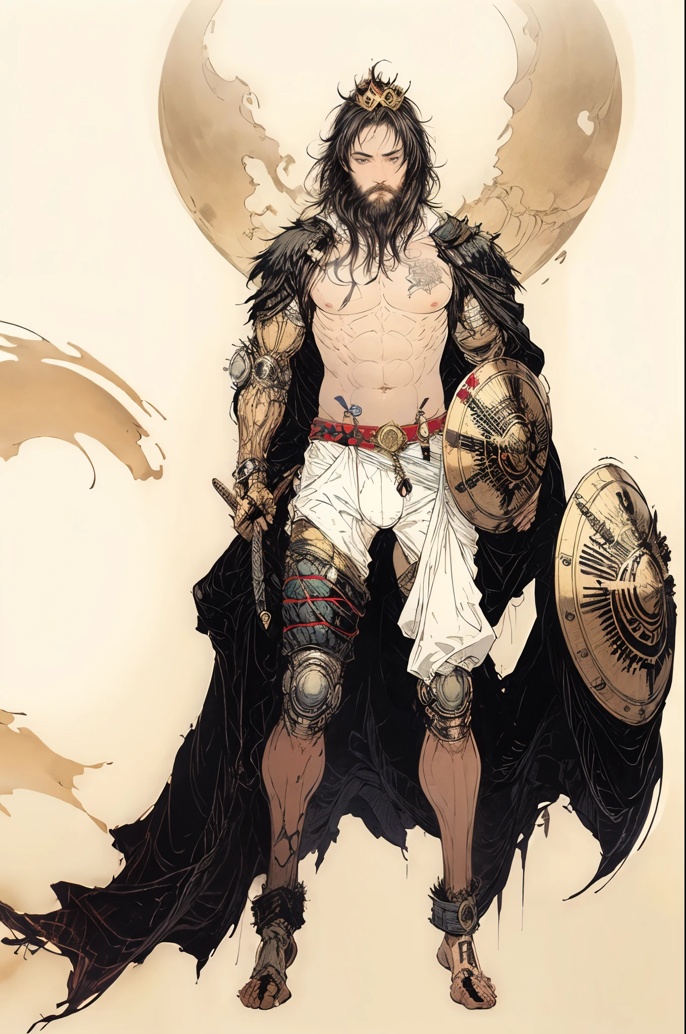 best quality,masterpiece,Ultra-high resolution,1 person,looking at the audience,one,Yamamoto Takashi style,
simple background,White_background,Machinery Division,Exoskeleton,topless,Sexy,Cold-blooded handsome bearded man,tough guy style,tattoo,Perfect proportion, anatomically correct, (from head to foot: 2.0), (Full body image: 2.0), alone, extremely stylized, abnormal art, masterpiece, Very detailed, delicate eyes, expressive delicate eyes, Detailed student, Futuristic, ((Wearing a crown)), ((holding scimitar and shield)), (Cybernetic weapons:1.4), big boot, Full body image, full-body shot, tassel, Large beads, (Big tassel), cyberpunk, ink punk, paint tray, Ink splatter, chain mail