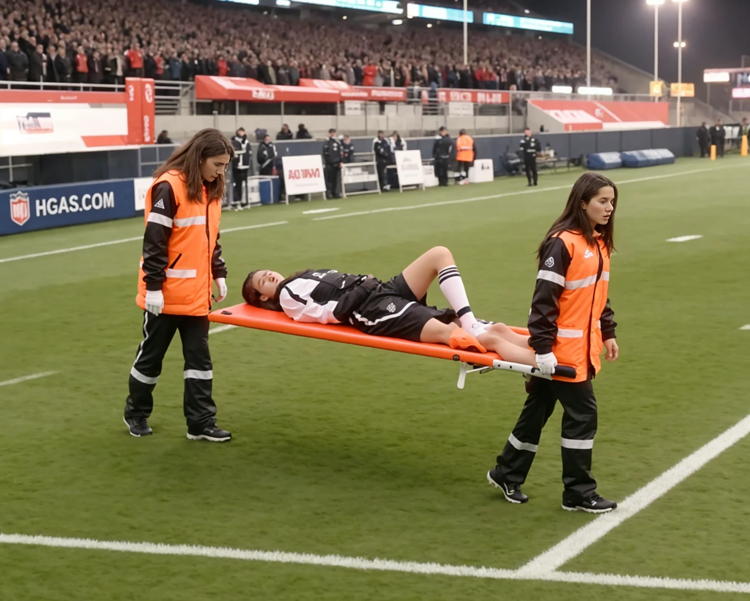 There is a man lying on a stretcher with his hands crossed over his face, a man in a t-shirt and sports shorts has crossed his hands over his face, the man has an agonised face under his hands, two longhaired and ponytailed women that are wearing very shiny coats, there are longhaired women wearing laquered puffy coats, longhaired women are walking in wetlook puffy coats, several women walking around a football field with an injured athlete on a stretcher, the injured athlete on the stretcher covers his face with both hands, the women look very worried, behind the women there is a frightening atmosphere, there is heavy rainfall in the background, video still