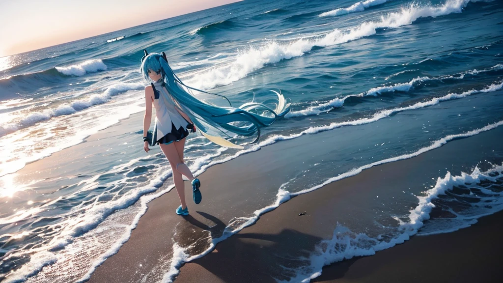 On the beach where the sun sets、An image of Hatsune Miku walking with her clear blue hair flowing。She is dressed in futuristic clothing.、Sing freely、Laughing。In the background、Big waves crashing and the starry sky spreading out、The moonlight illuminates her footprints in the sand。Please express how dreams and hopes spread across the sky on the wind.。