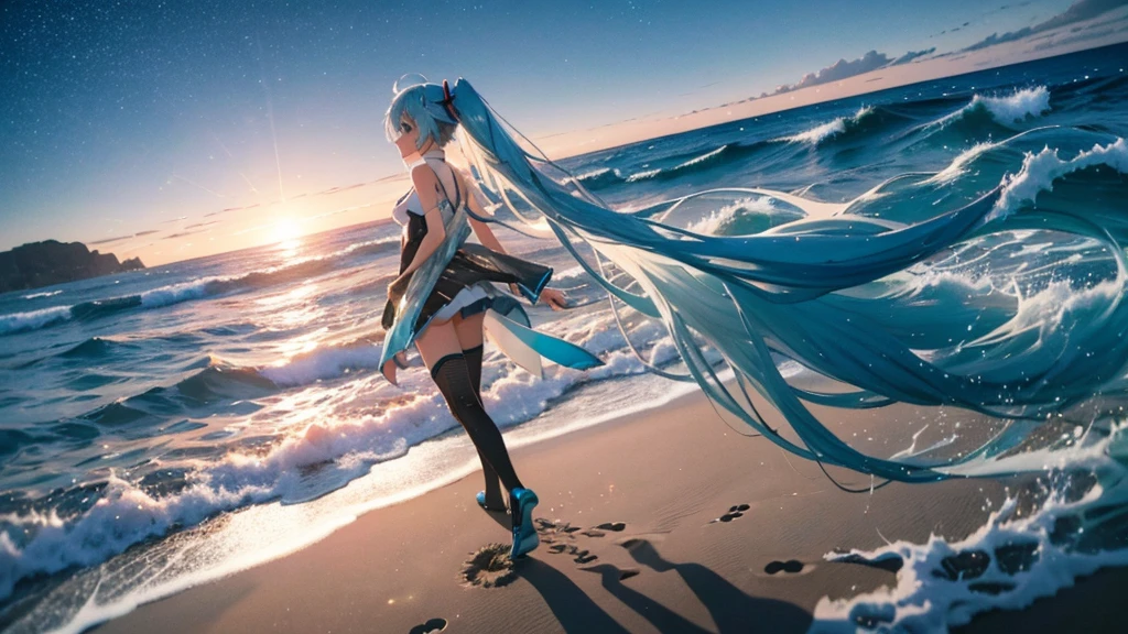 On the beach where the sun sets、An image of Hatsune Miku walking with her clear blue hair flowing。She is dressed in futuristic clothing.、Sing freely、Laughing。In the background、Big waves crashing and the starry sky spreading out、The moonlight illuminates her footprints in the sand。Please express how dreams and hopes spread across the sky on the wind.。