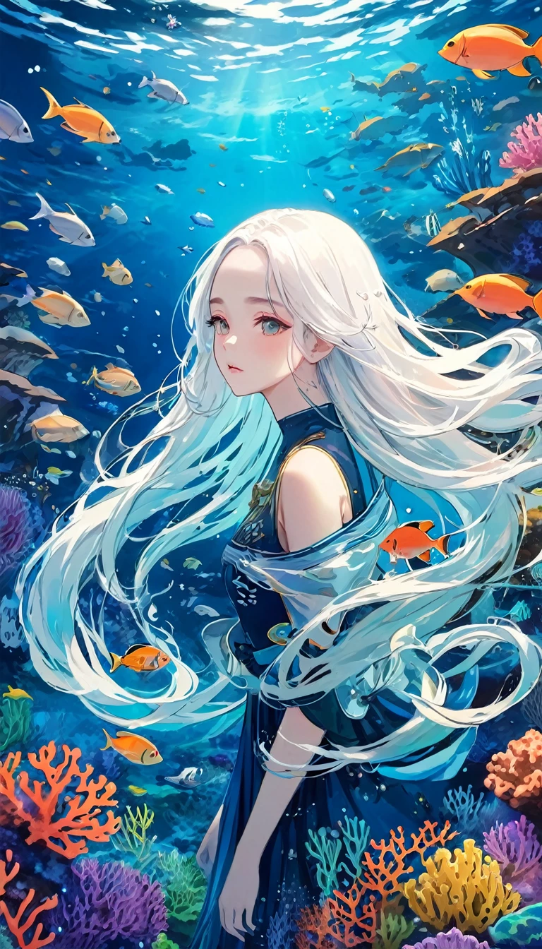 Marine Lifeの概念芸術、Undersea scenery、Marine Life、Beautiful coral reefs come in many forms、3d、fish、Women Animated Fantasy Illustration。Long white hair scattered in the sea、drifting、Very harmonious。The whole picture is、It features a messy and imaginative painting style.。The colors are bright and saturated.、Drawn with smooth lines。The mystery and beauty of the sea、The painting depicts an underwater world full of life and vitality.、Animation Art Wallpaper 8K